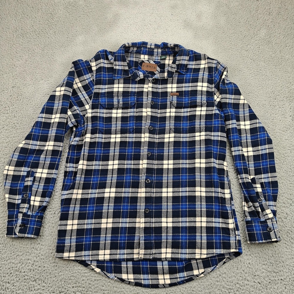 Orvis Flannel Shirt Mens Medium Blue Plaid Cotton Long Sleeve Button Front